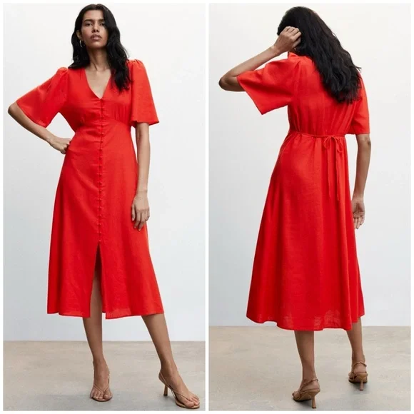 Mango Womens NWT Floral Print V-Neck Buttoned Linen-Blend Midi Dress Size 18 New - Picture 12 of 12